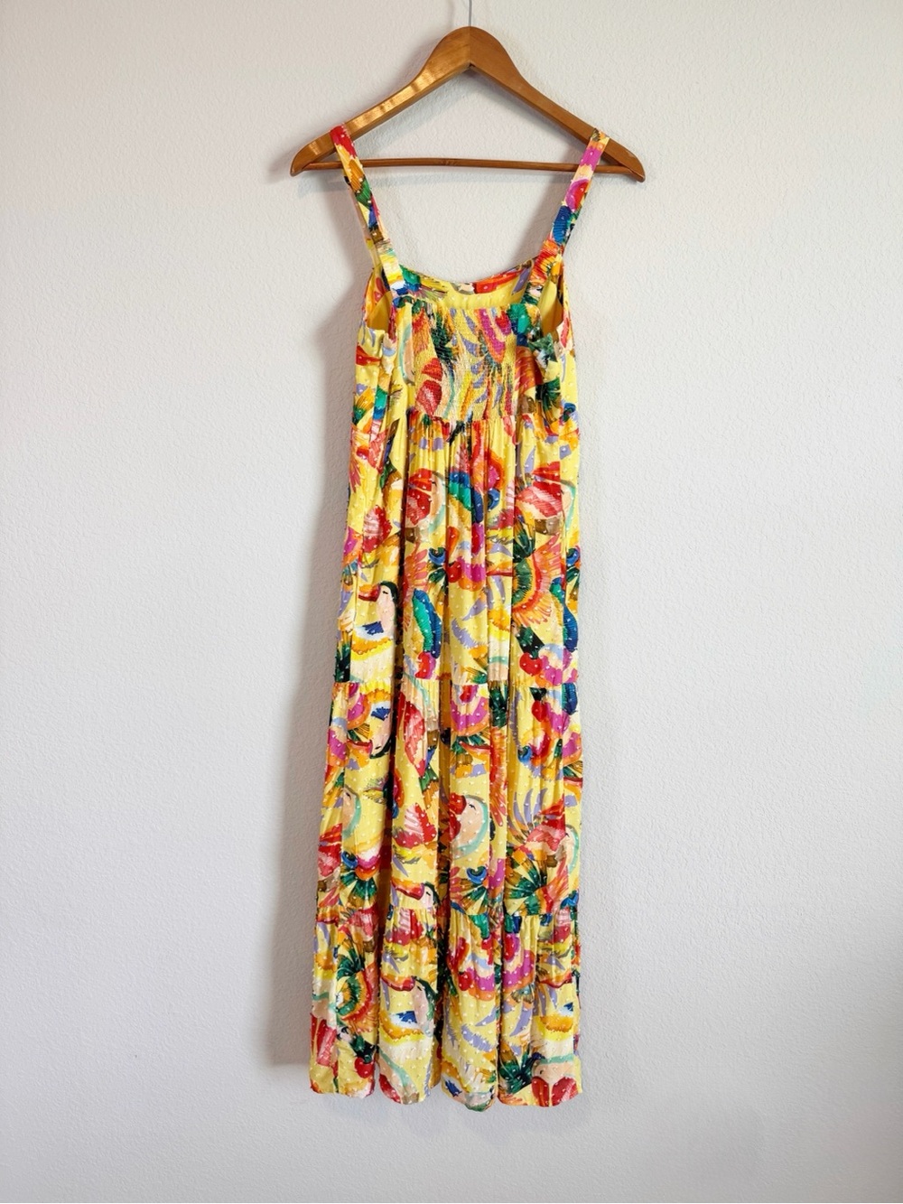 Farm Rio Toucan Yellow Swiss Dot Textured Tropical Tiered Maxi Dress Size Small - Picture 8 of 11